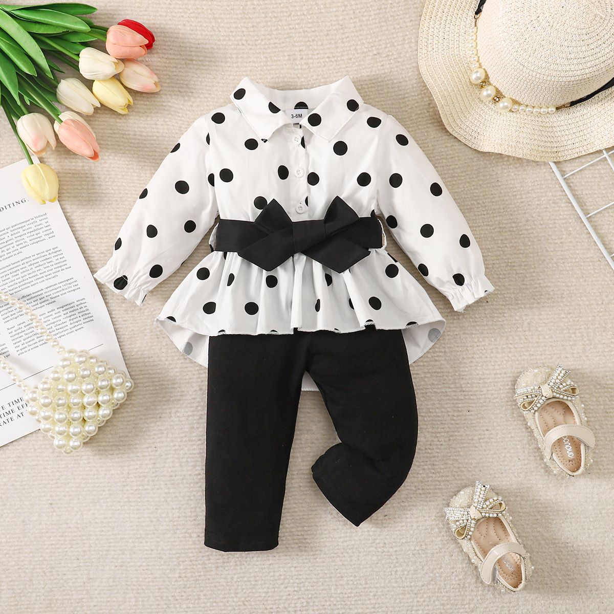

2pcs Baby Girl 100% Cotton Polka Dots Ruffle Lapel Collar Belted Long-sleeve Top and 95% Cotton Solid Pants Set
