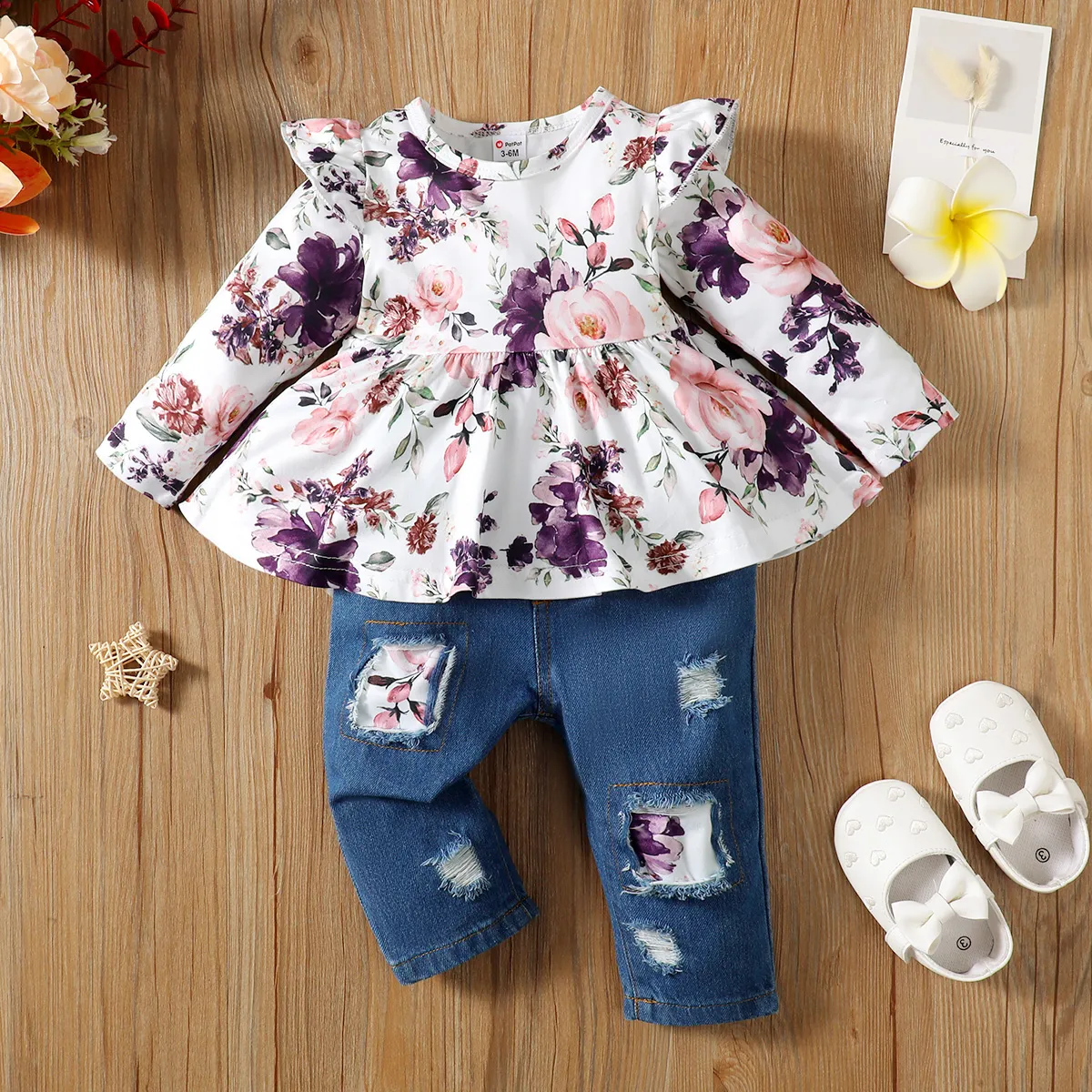 Baby Girl 2pcs Floral Pattern Ruffled Top And Denim Ripped Jeans Set/ Shoes