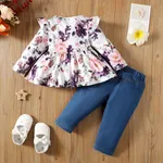 2pcs Baby Girl Allover Floral Print Ruffle Long-sleeve Top and 95% Cotton Ripped Jeans Set  image 2