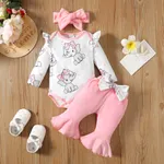 Baby Girl Elephant Print Ruffled Long-sleeve Dress / Bodysuit Sets Pink-B