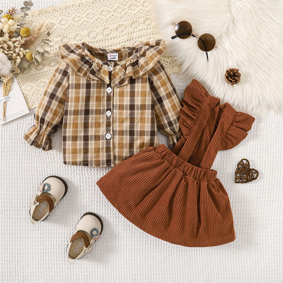 

2pcs Baby Girl 100% Cotton Buttons Front Plaid Ruffle Long-sleeve Shirt and Solid Strappy Skirt Set