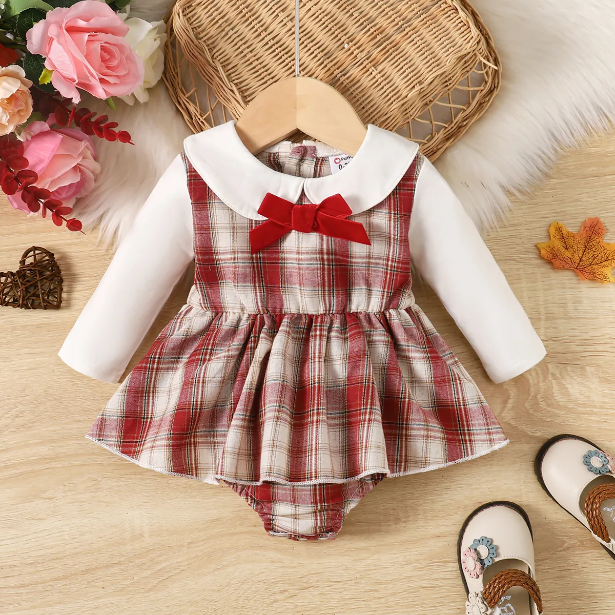Baby Girl Plaid Panel Bow Tie Decor Doll Collar Long-sleeve Bodysuit Dress   ColorBlock big image 1