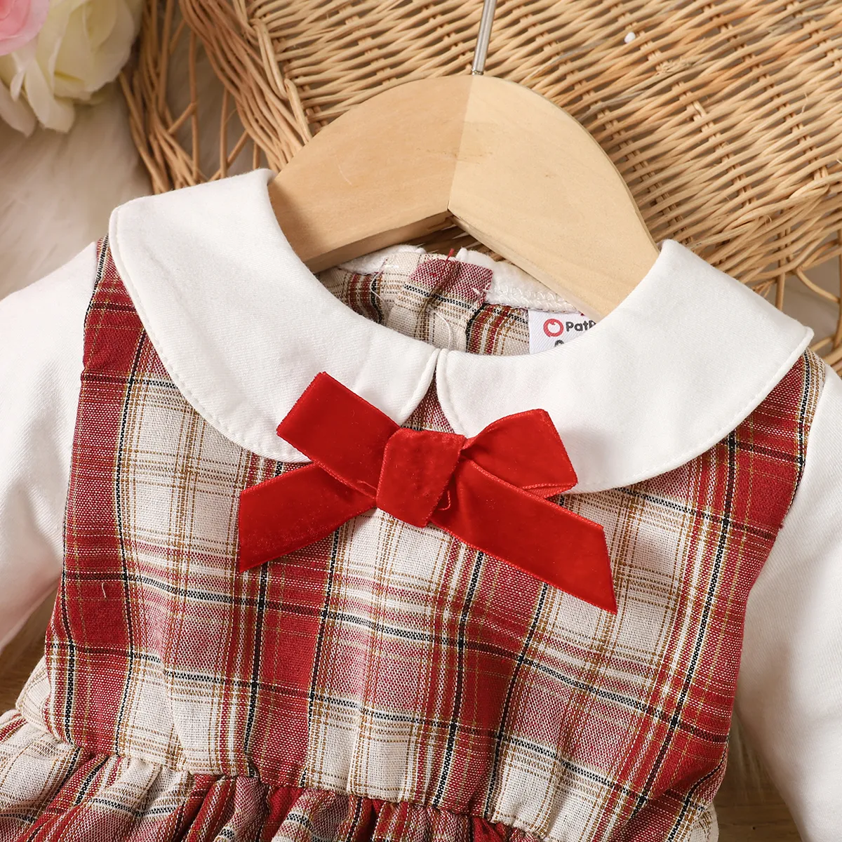 Baby Girl Plaid Panel Bow Tie Decor Doll Collar Long-sleeve Bodysuit Dress   ColorBlock image 3