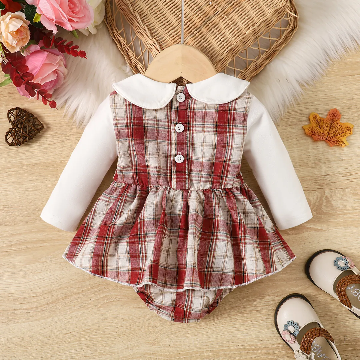 Baby Girl Plaid Panel Bow Tie Decor Doll Collar Long-sleeve Bodysuit Dress   ColorBlock image 2
