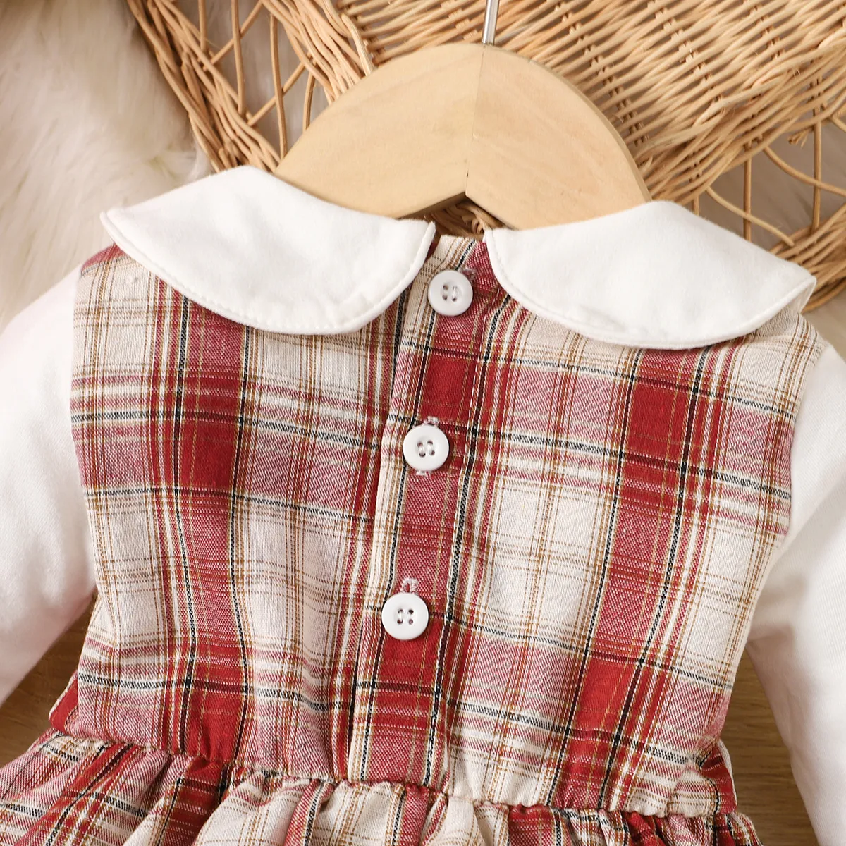 Baby Girl Plaid Panel Bow Tie Decor Doll Collar Long-sleeve Bodysuit Dress   ColorBlock image 4