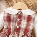 Baby Girl Plaid Panel Bow Tie Decor Doll Collar Long-sleeve Bodysuit Dress    image 4