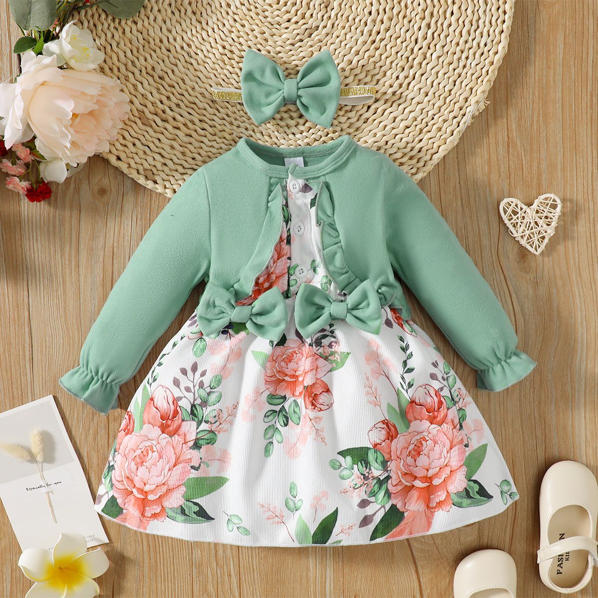 

Baby Girl Bow Front Floral Panel Ruffled 2 In1 Dress with Headband
