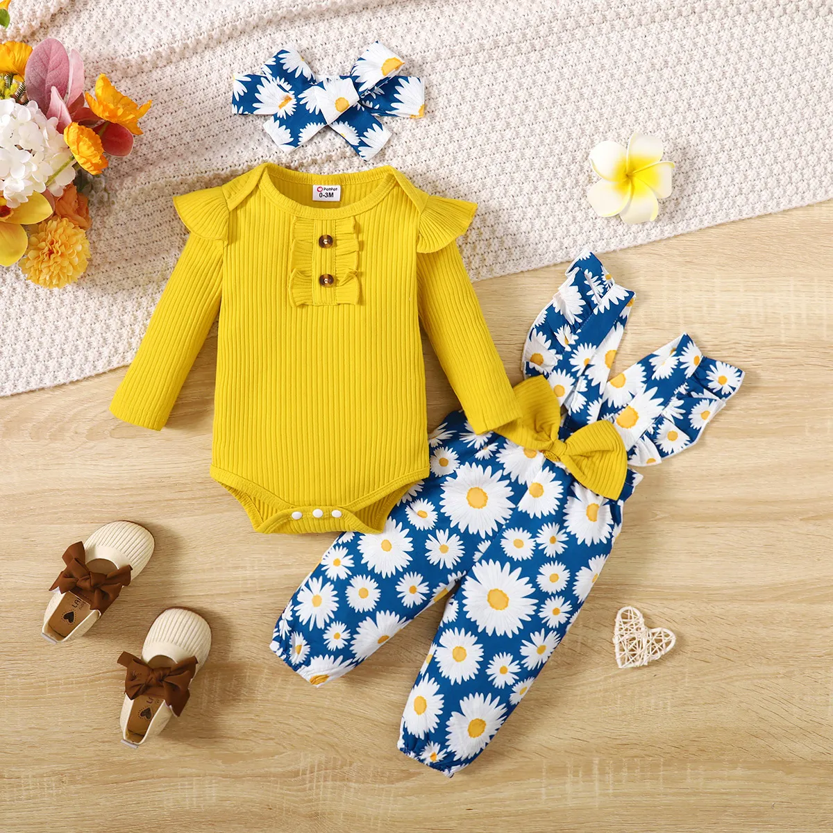 3pcs Baby Girl Sweet Little Daisy with Ruffle Edge Long SLeeve Set Yellow big image 1
