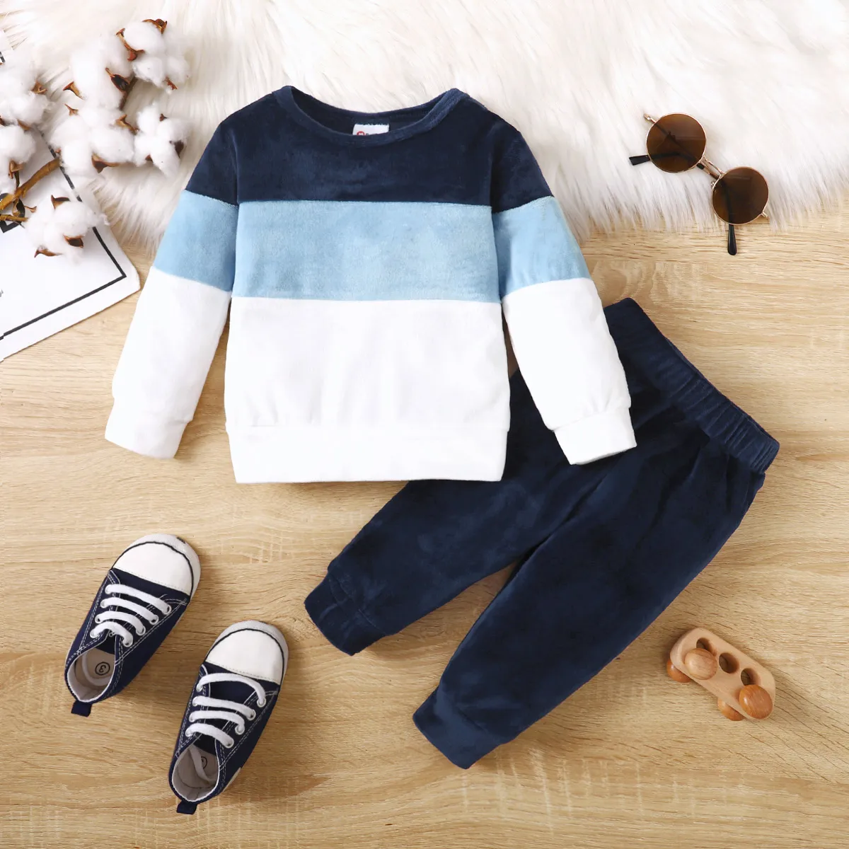 2pcs Baby/Toddler Boy Solid Colorful Patchwork Design Set Toddler Navy