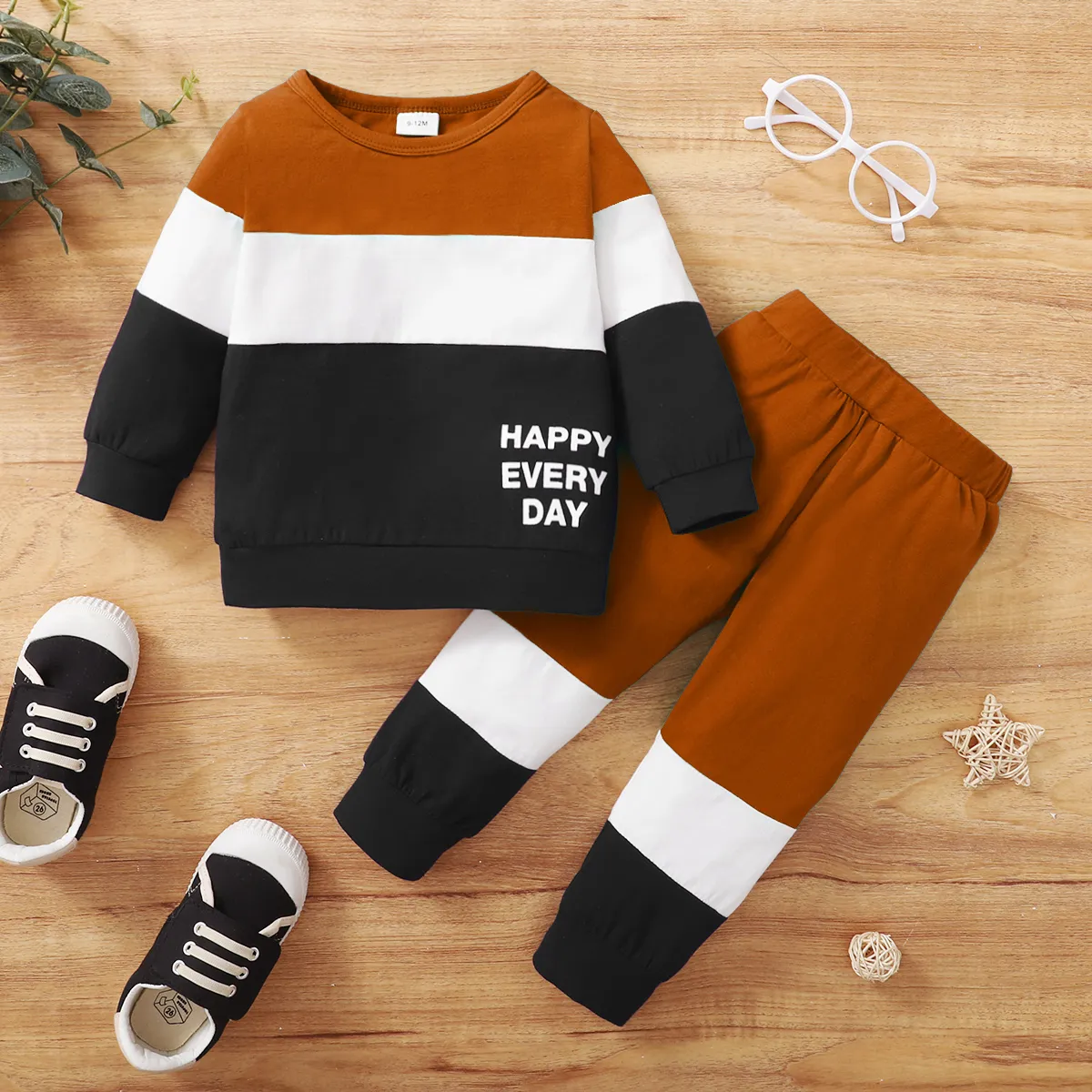 2pcs Baby Boy 95% Cotton Long-sleeve Letter Print Colorblock Sweatshirt And Pants Set
