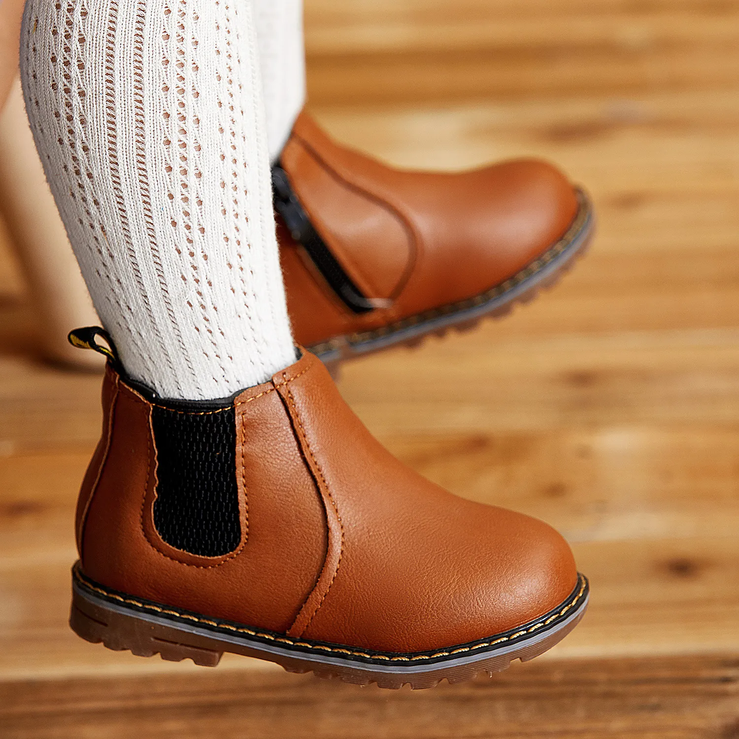 Toddler Girl Stylish Zipper and Mesh Design Solid Fleece-lining Boots Khaki image 5