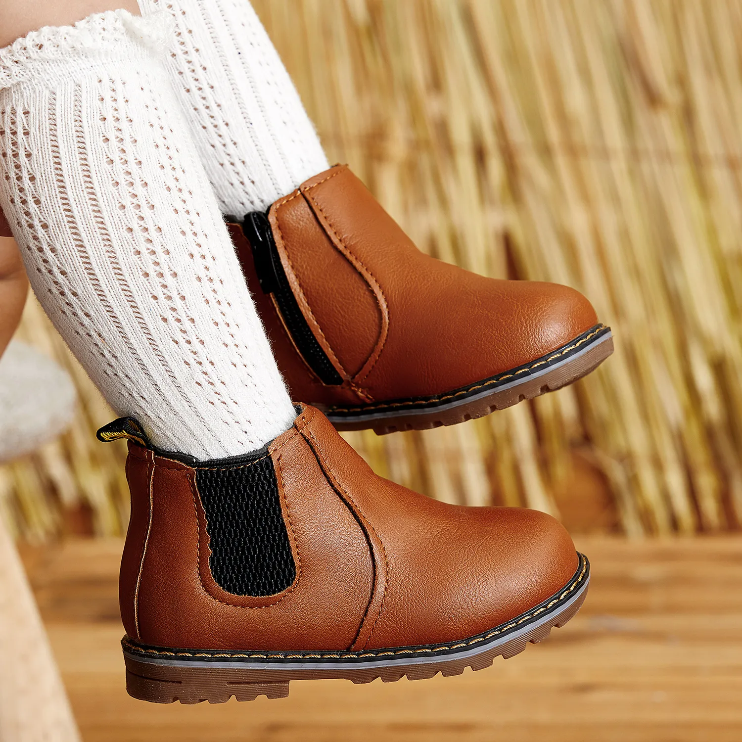 Toddler Girl Stylish Zipper and Mesh Design Solid Fleece-lining Boots Khaki image 3