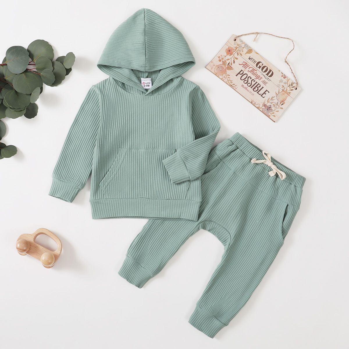 2pcs Baby Boy/Girl 95% Cotton Ribbed Long-sleeve Hoodie And Pants Set