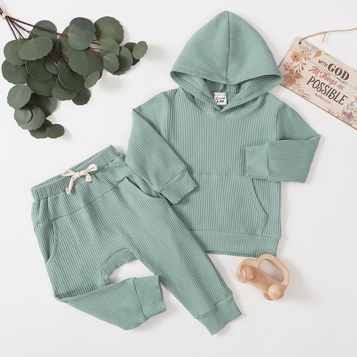 2pcs Baby Boy/Girl 95% Cotton Ribbed Long-sleeve Hoodie and Pants Set Green big image 1