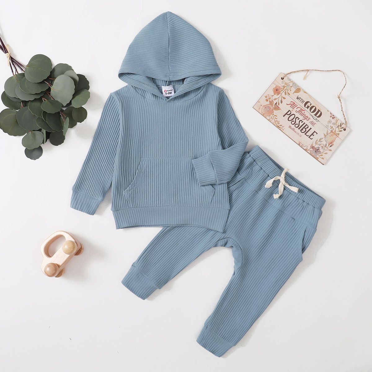 2pcs Baby Boy/Girl 95% Cotton Ribbed Long-sleeve Hoodie and Pants Set