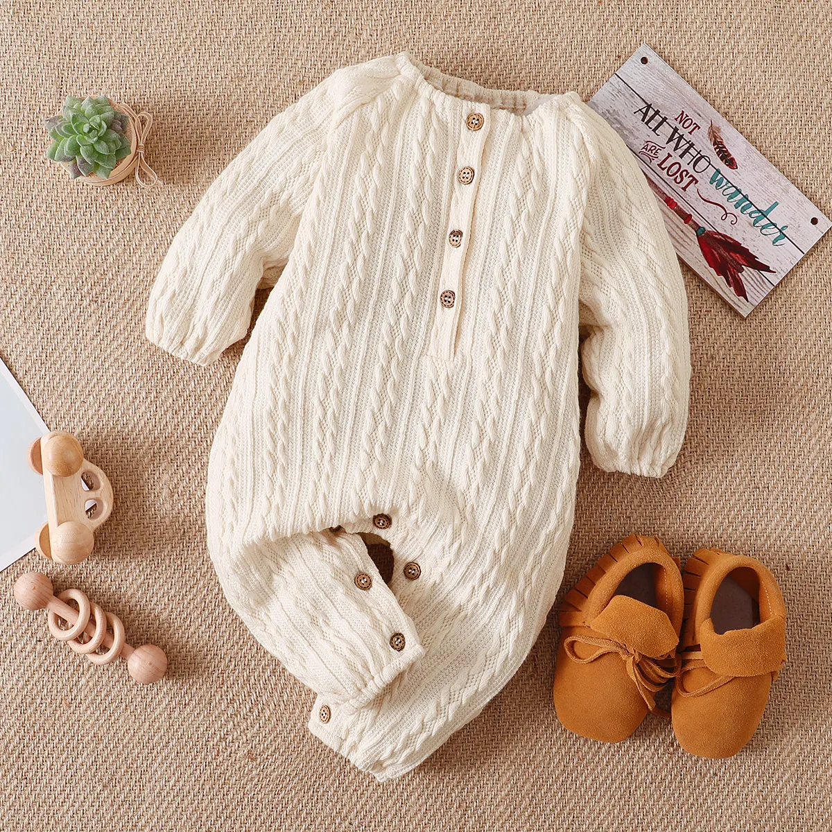 Solid Knitted Button Design Long-sleeve Baby Jumpsuit White big image 1