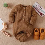Solid Knitted Button Design Long-sleeve Baby Jumpsuit Brown