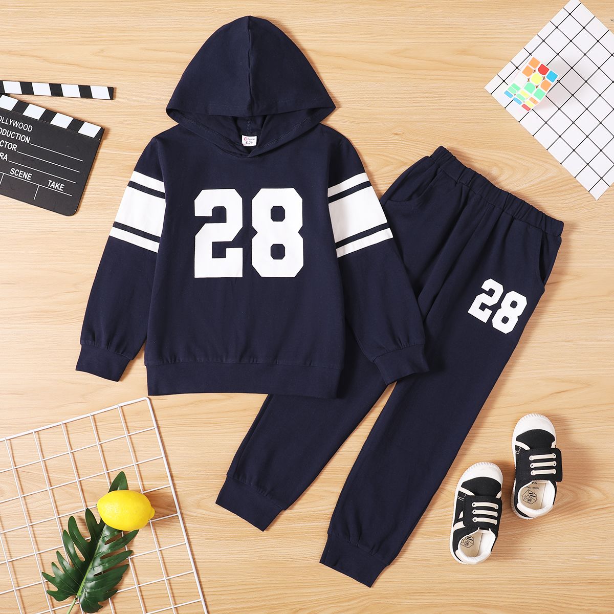 

2-piece Kid Boy Number Print Hoodie and Elasticized Pants with Pocket Sporty Set