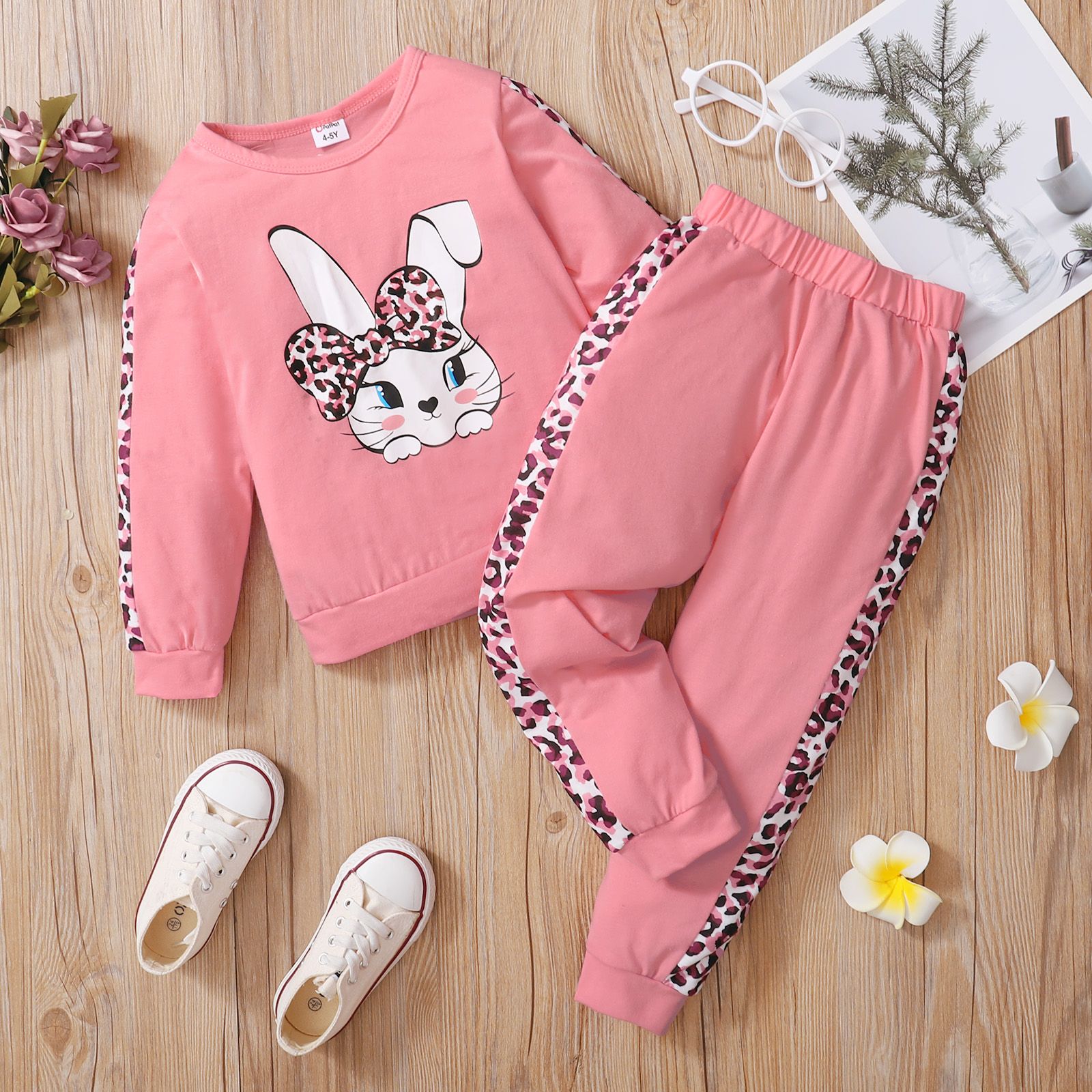 

2-piece Kid Girl Cute Rabbit Leopard Print Pullover and Elasticized Pants Casual Set