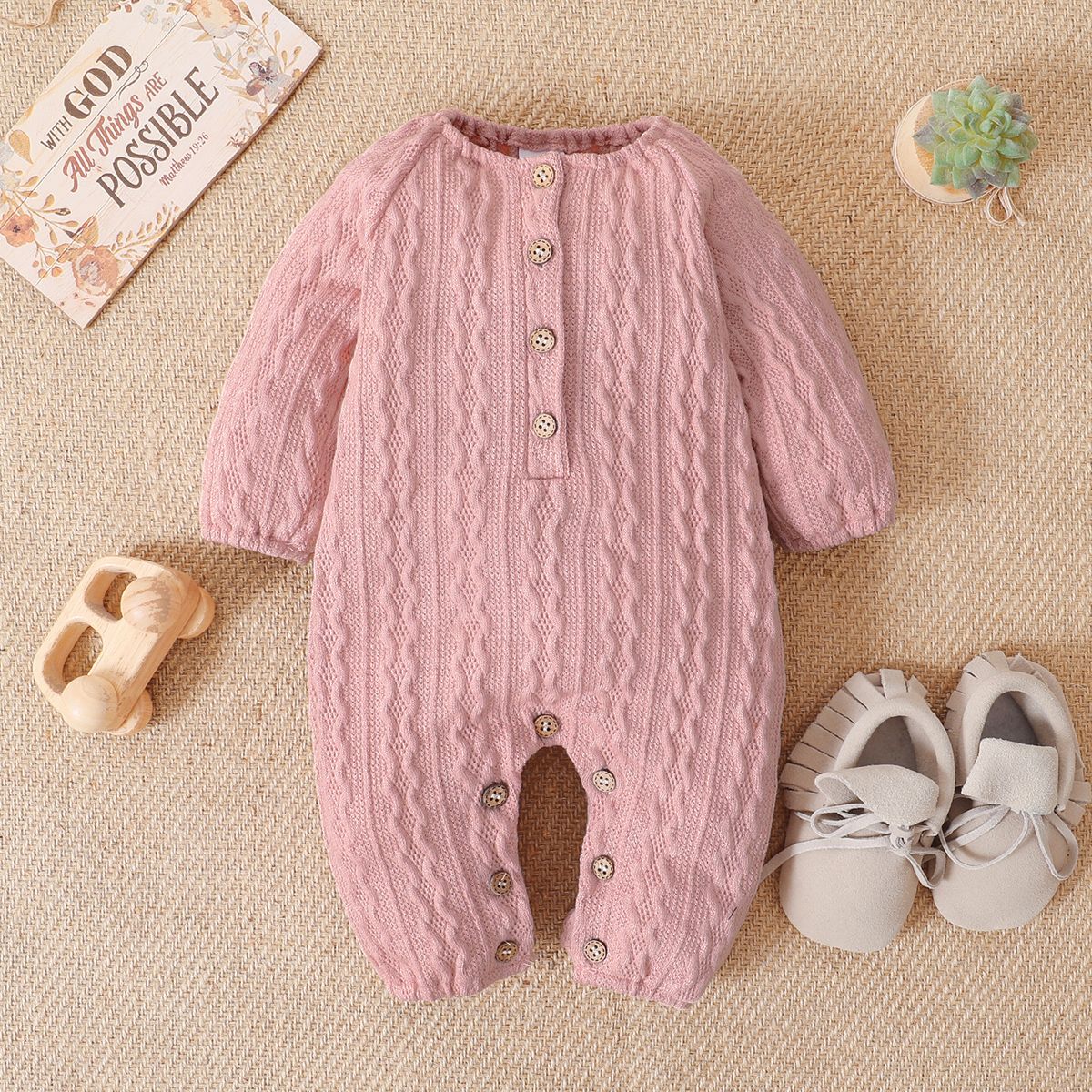 Solid Knitted Button Design Long-sleeve Baby Jumpsuit
