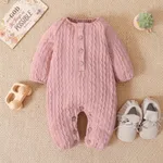 Solid Knitted Button Design Long-sleeve Baby Jumpsuit Pink