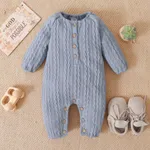 Solid Knitted Button Design Long-sleeve Baby Jumpsuit Blue