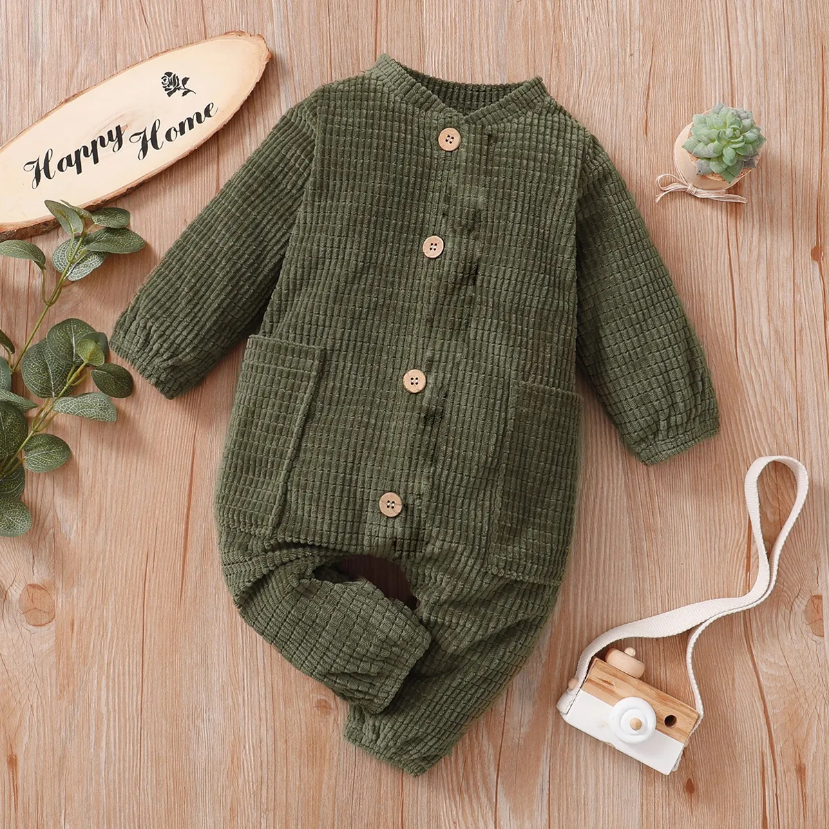 Baby Girl/Boy Solid Color Textured Button Design Long-sleeve Jumpsuit  big image 1
