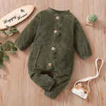 Baby Girl/Boy Solid Color Textured Button Design Long-sleeve Jumpsuit Green
