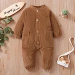 Baby Girl/Boy Solid Color Textured Button Design Long-sleeve Jumpsuit Apricot