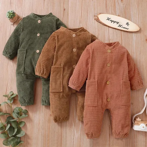 Baby Girl/Boy Solid Color Textured Button Design Long-sleeve Jumpsuit