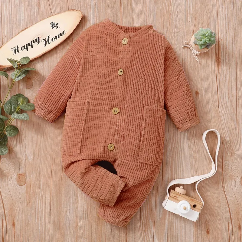 Baby Girl/Boy Solid Color Textured Button Design Long-sleeve Jumpsuit Pink