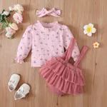 3pcs Baby Floral Print Long-sleeve Top and Ruffle Suspender Skirted Shorts Set Pink