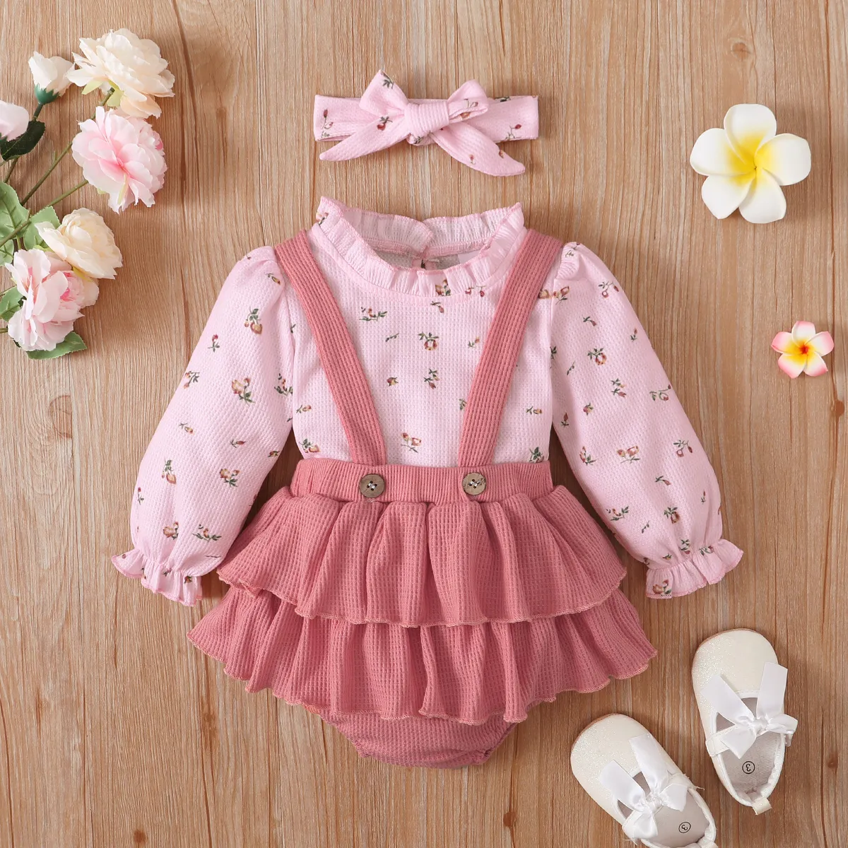 3pcs Baby Floral Print Long-sleeve Top and Ruffle Suspender Skirted Shorts Set Pink big image 1