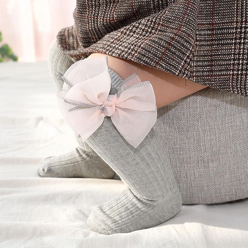嬰兒/幼兒女孩薄紗蝴蝶結裝飾羅紋長筒襪