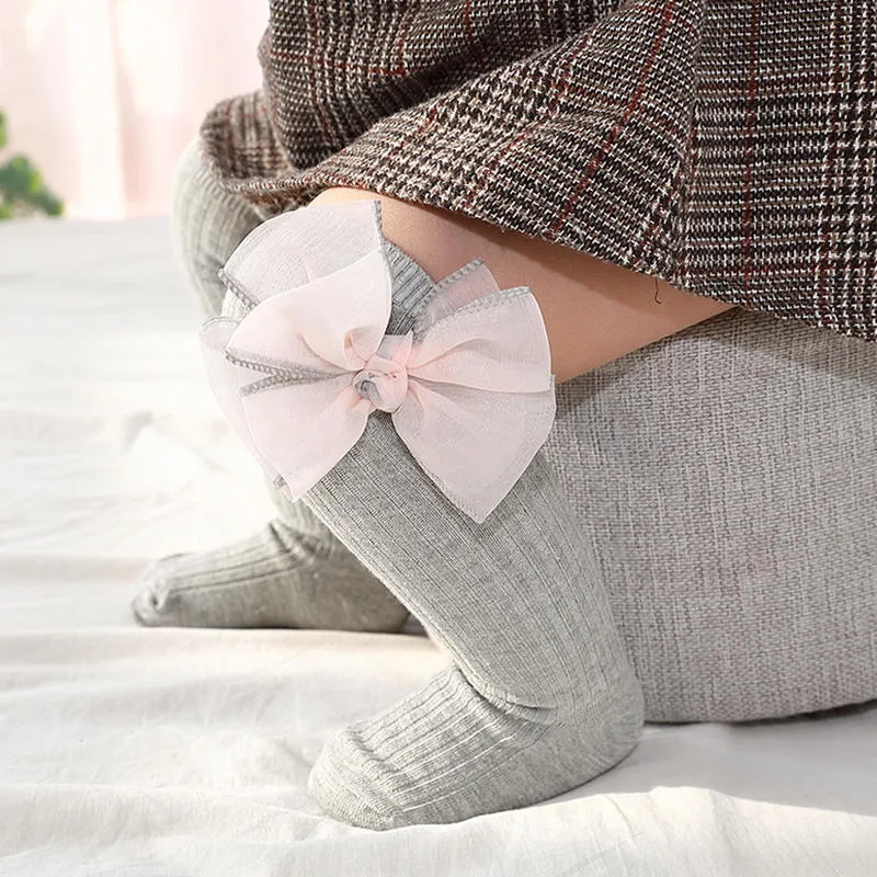 Baby/ Toddler Girl's Tulle Bowknot Decor Ribbed Stockings Grey big image 1