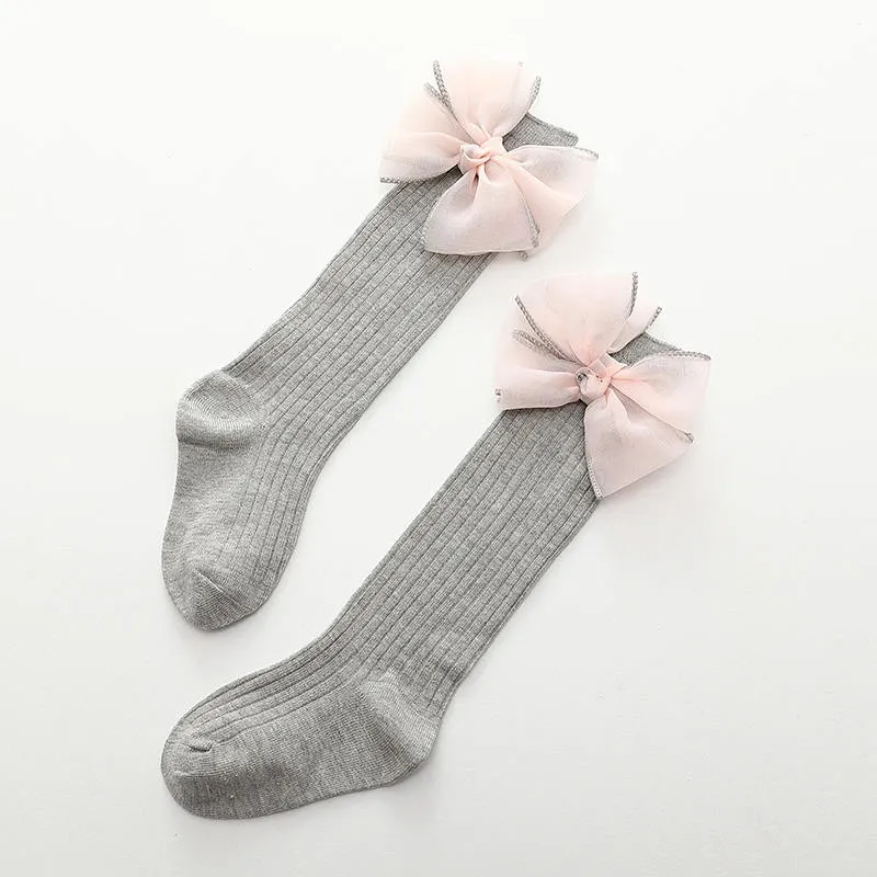 Baby/ Toddler Girl's Tulle Bowknot Decor Ribbed Stockings Grey big image 1