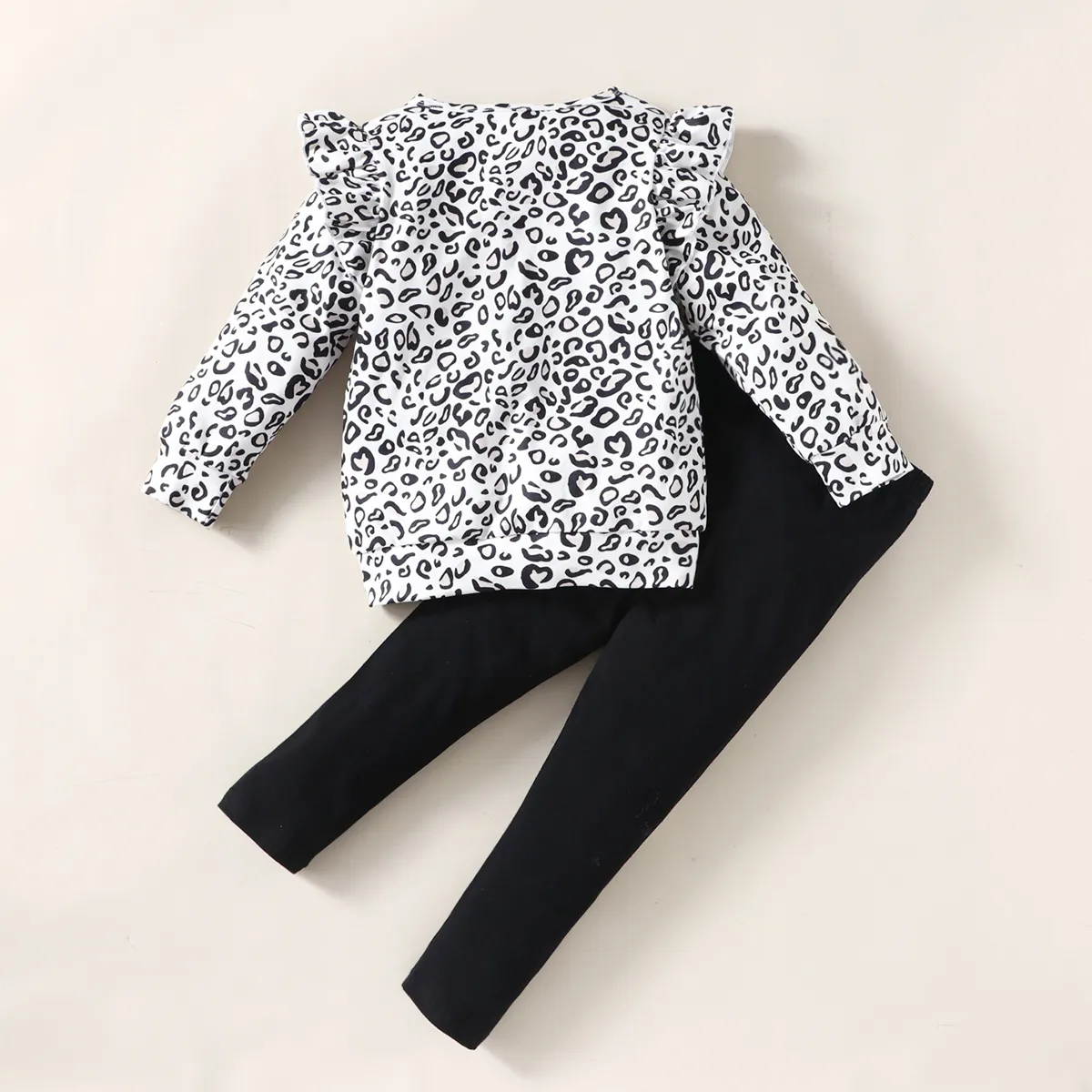2-piece Toddler Girl Leopard Print Flutter Long-sleeve Top and Heart Pattern Pants Set Black image 2