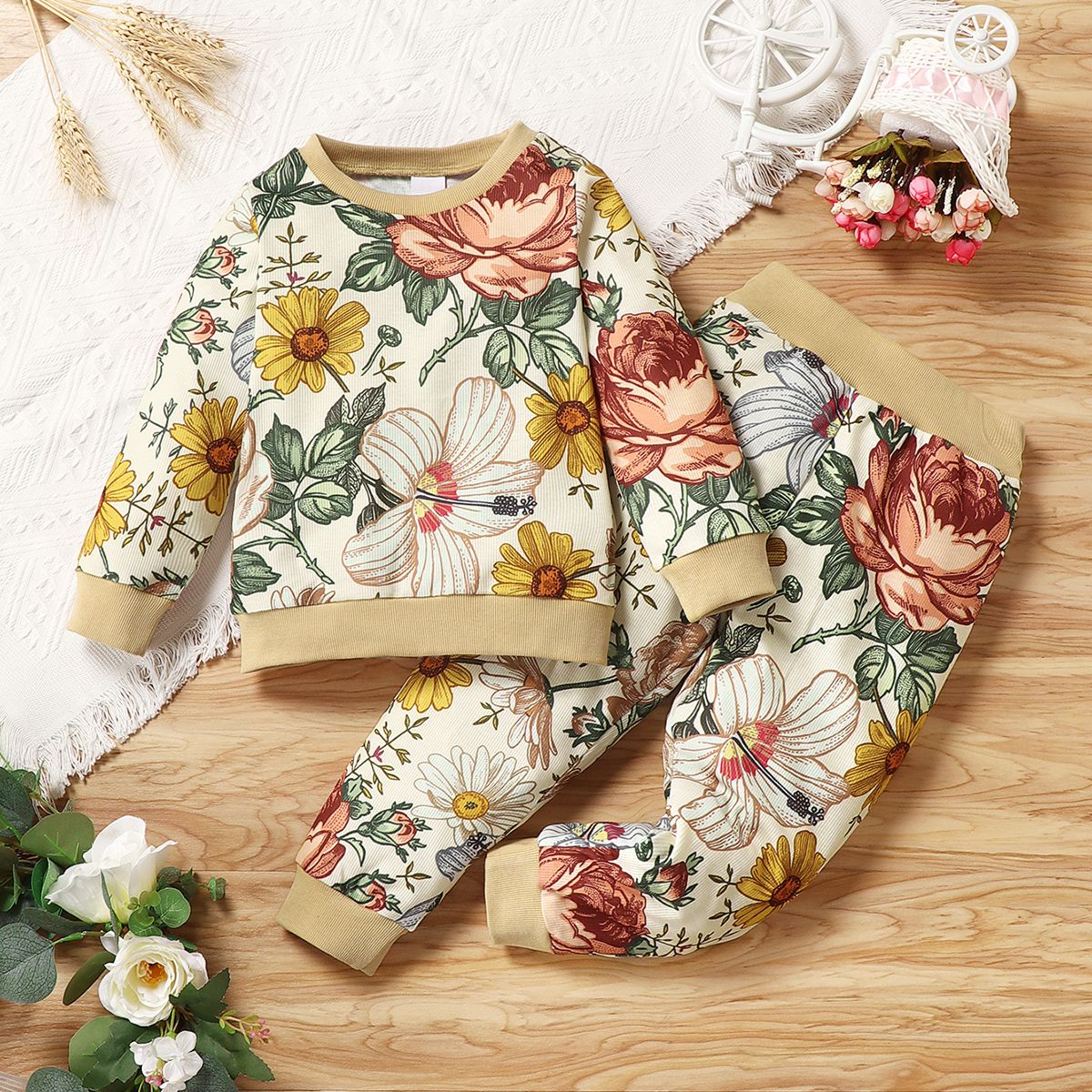 

2-piece Toddler Girl Long-sleeve Floral Print Top and Pants Set