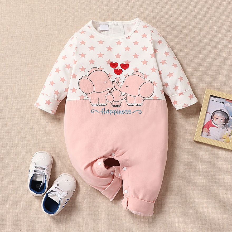 

Elephant Applique Stars Print Splice Long-sleeve White Baby Jumpsuit