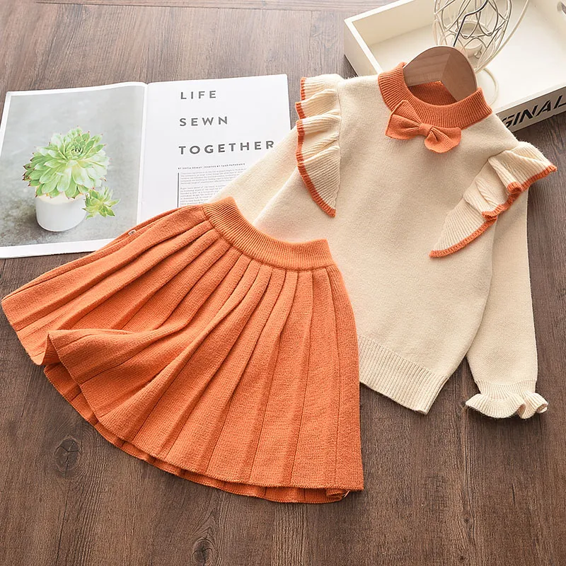 2-piece Toddler Girl Bowknot Flounced Knitted Sweater and Pleated Skirt Set Orange big image 1