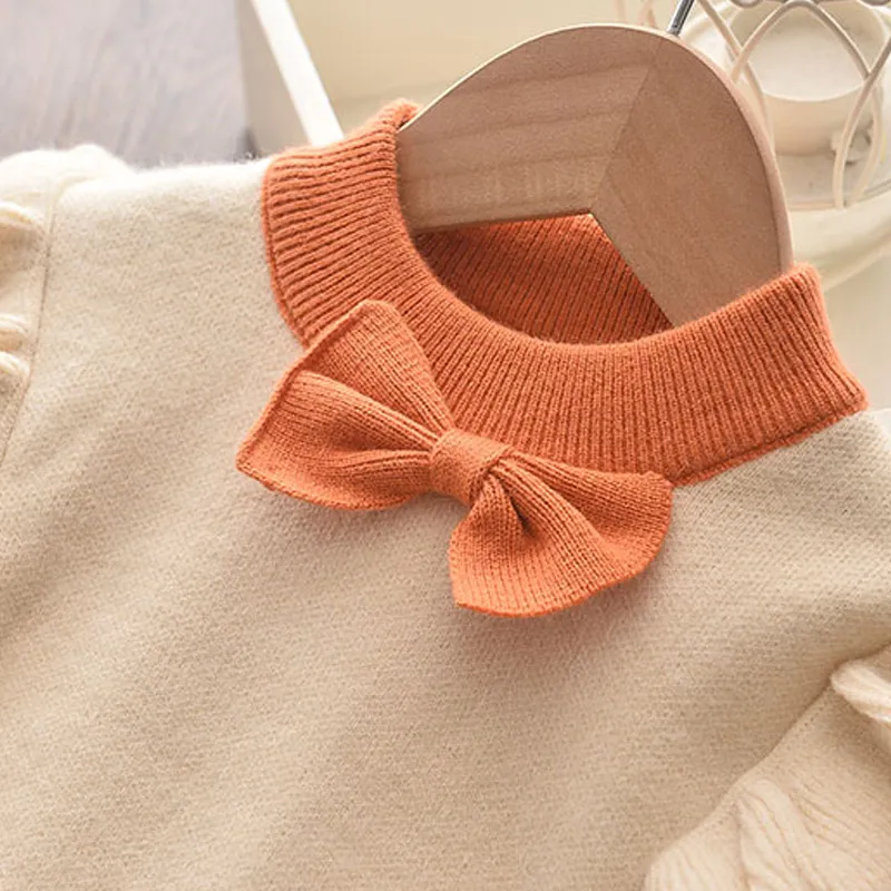 2-piece Toddler Girl Bowknot Flounced Knitted Sweater and Pleated Skirt Set Orange big image 1