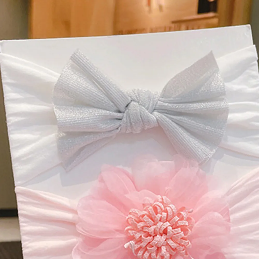 Paquete de 3 accesorios para el cabello con diadema ancha y flor grande de hilo de red para niñas Rosado big image 1