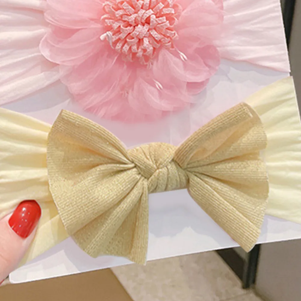 Paquete de 3 accesorios para el cabello con diadema ancha y flor grande de hilo de red para niñas Rosado big image 1