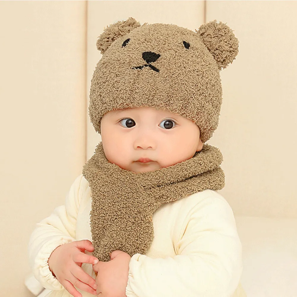2-pack Baby Cartoon Bear Fuzzy Beanie Hat & Scarf Set