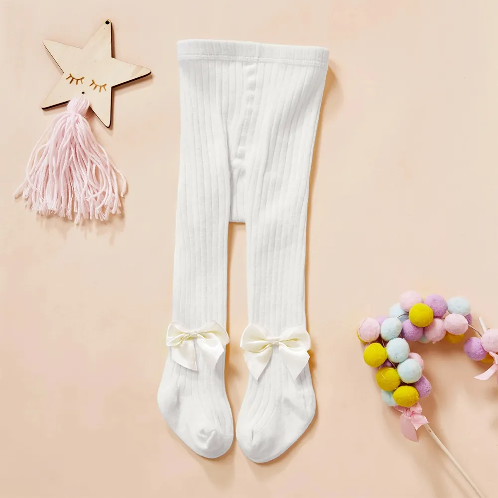 嬰兒/幼兒/兒童純色蝴蝶結絲襪（各種顏色） 白色 big image 1
