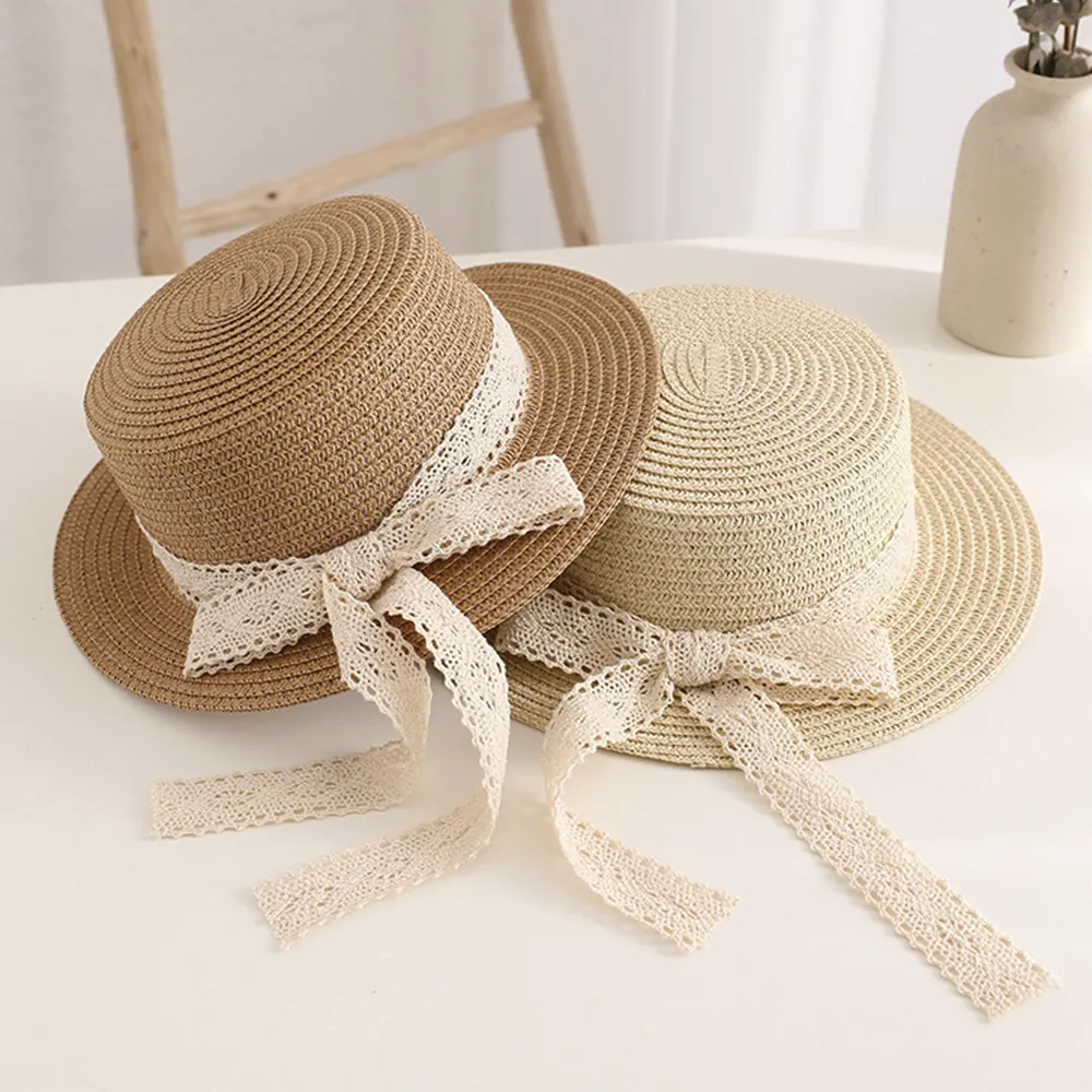 Toddler / Kid Lace Bow Decor Straw Hat  big image 4