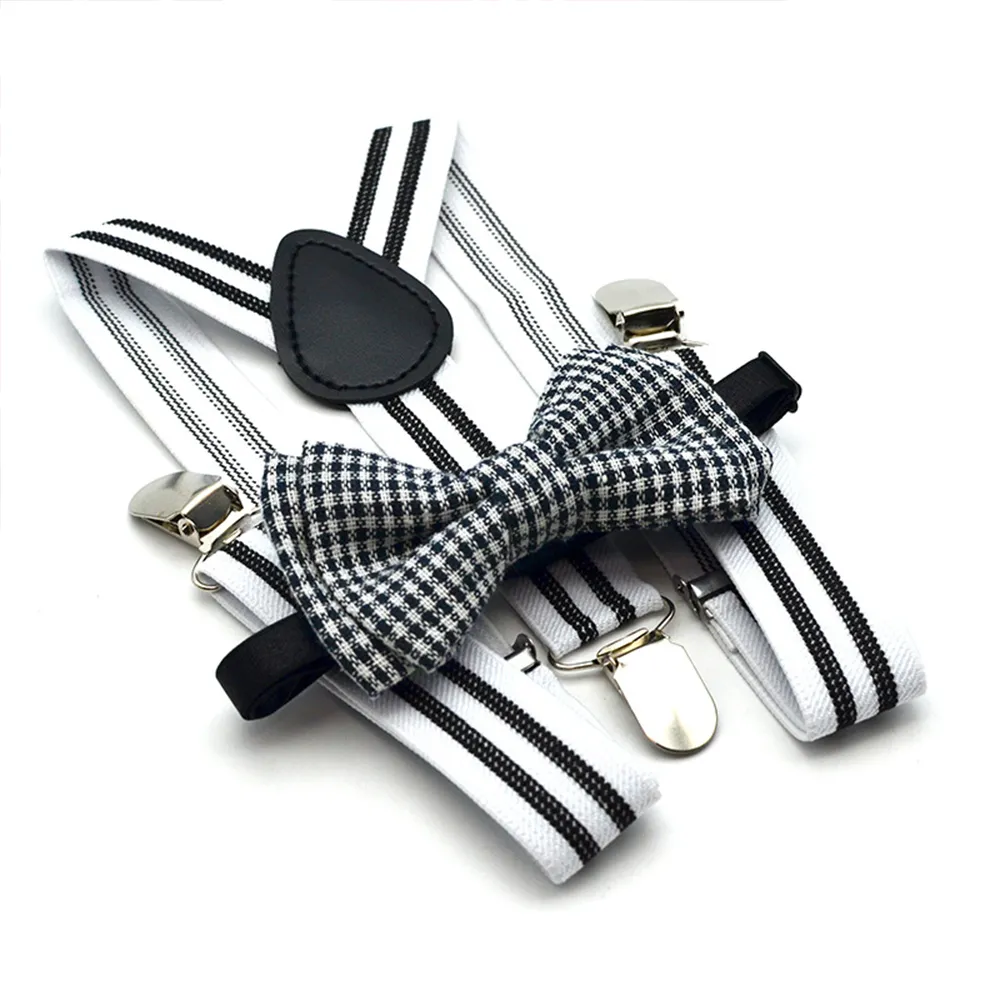 2pcs Toddler/Kid Boy Stripe Print Elastic Strap Clip and Bow Tie Set White image 2