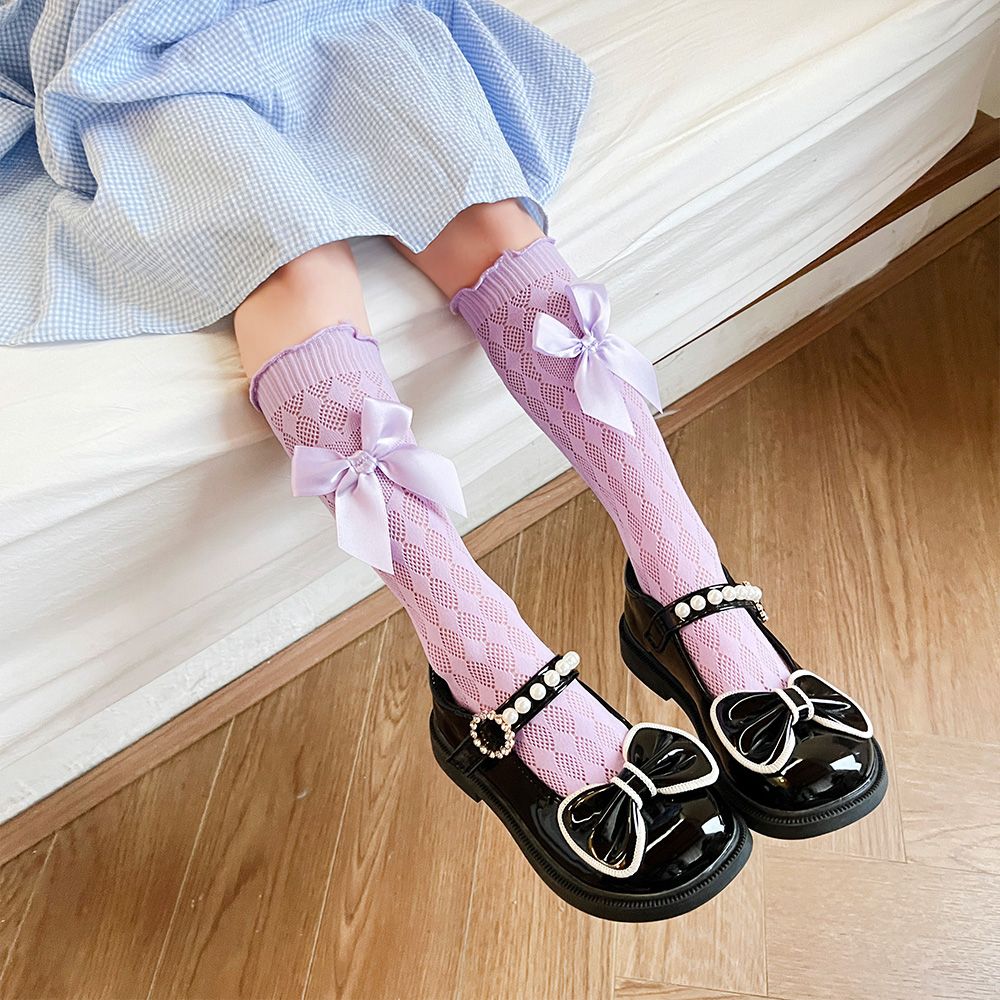 

Toddler/Kid Bow Decor Eyelet Solid Stockings