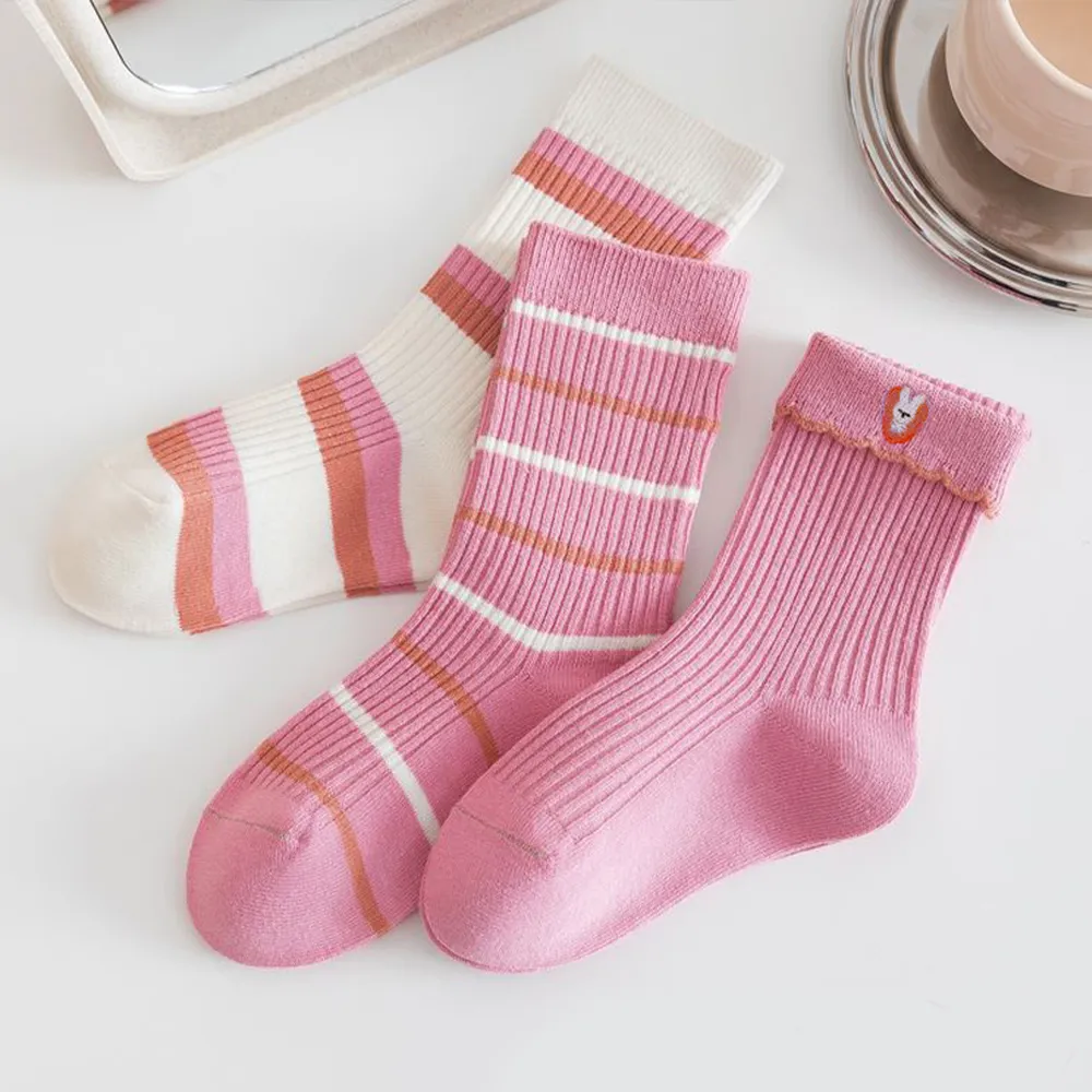 3-pack bebê / criança listrado desenhos animados bordadas meias Rosa big image 1
