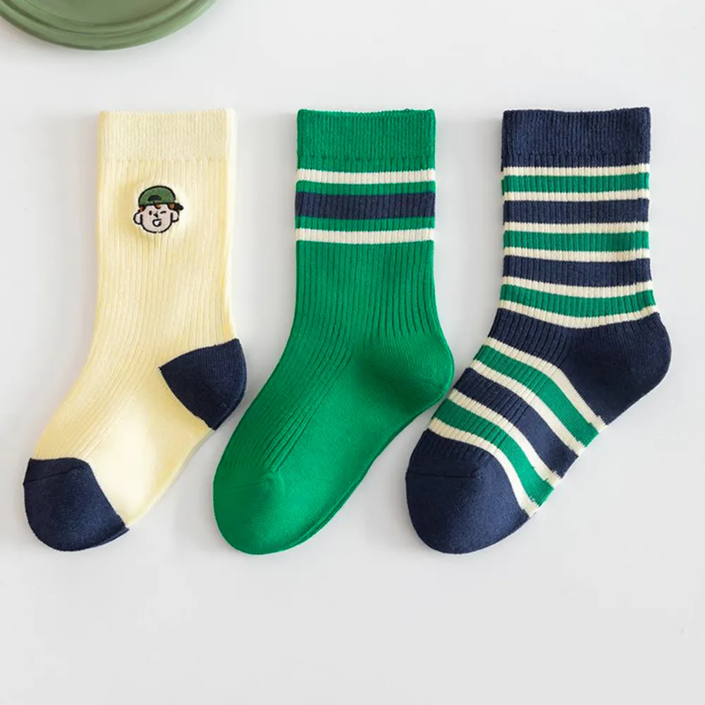 3-pack bebê / criança listrado desenhos animados bordadas meias Verde